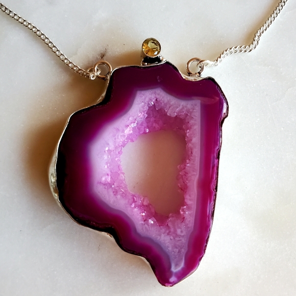 New Pink Agate Druzy & Citrine Silver Necklace. - Picture 14 of 16